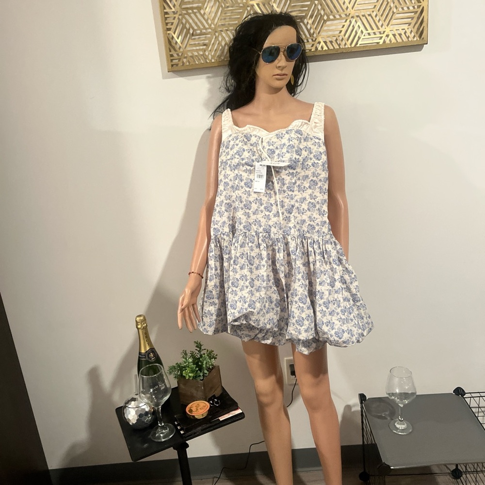 Astr White and Blue Pleated Tie Front Sundress